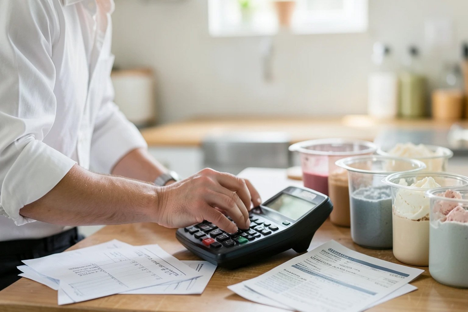 Sorveteiro fazendo contas com calculadora e notas fiscais de ingredientes sobre a bancada