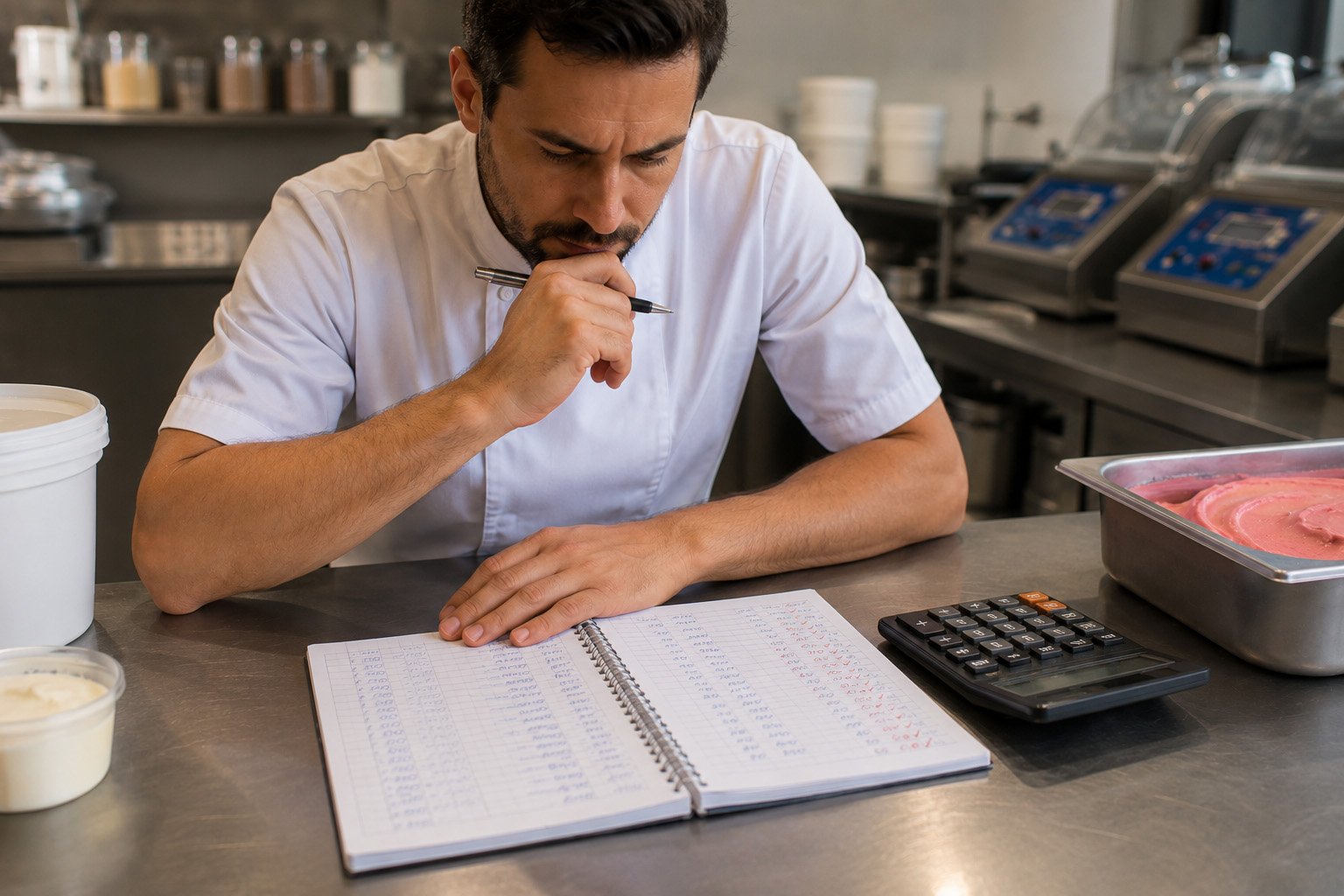 Sorveteiro conferindo pagamentos pendentes de clientes de revenda em um caderno de controle financeiro