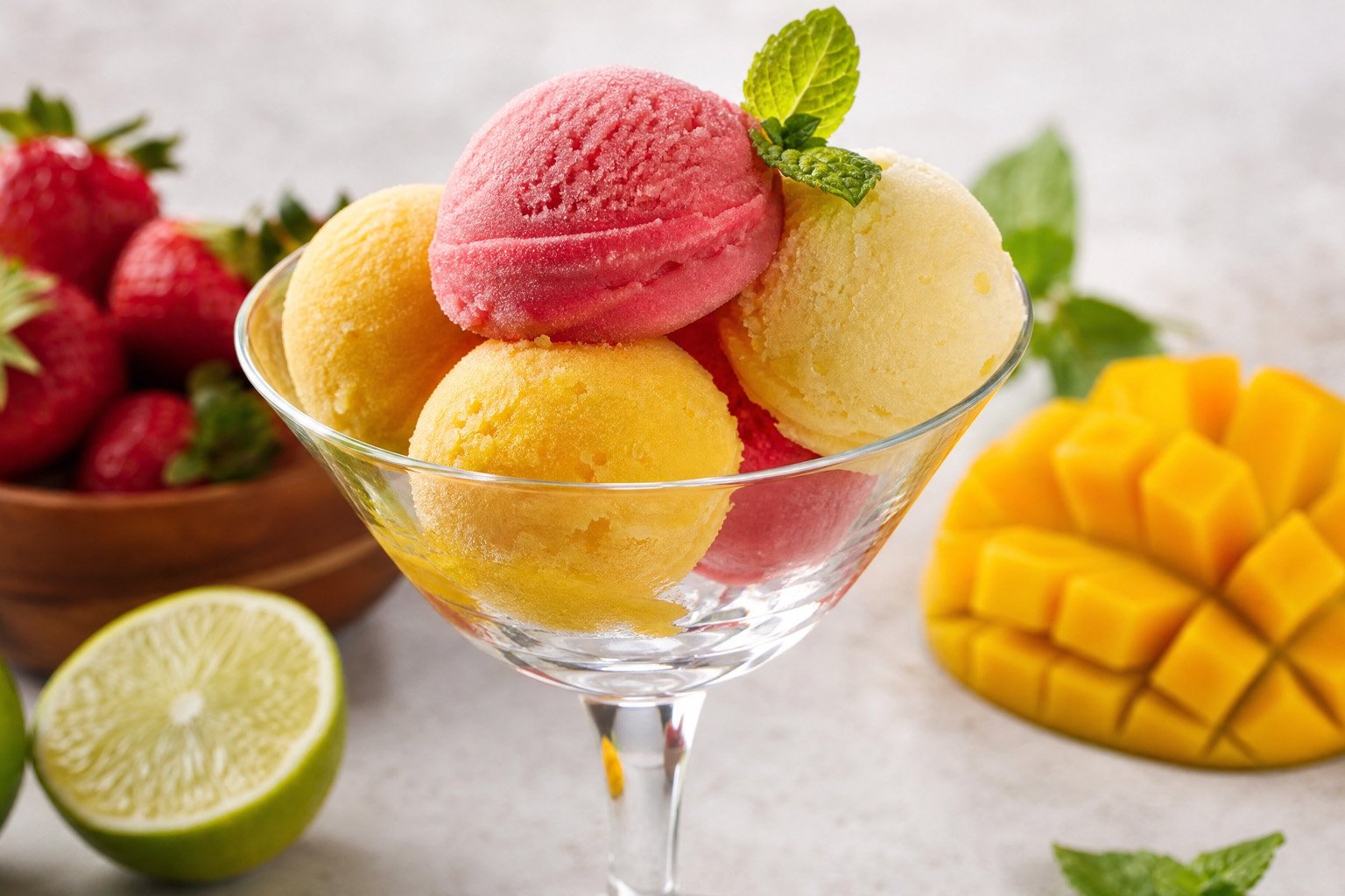 Bolas coloridas de sorbet de frutas variadas servidas em taça