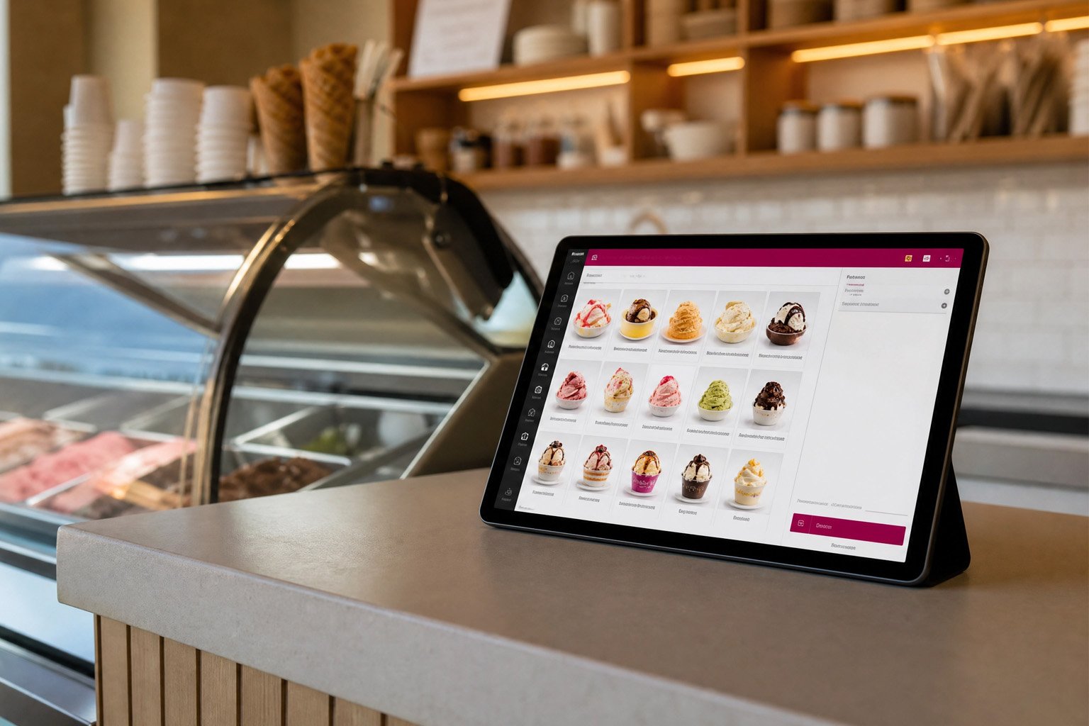 Tela de sistema de gestão para sorveteria aberta em um tablet sobre o balcão de atendimento